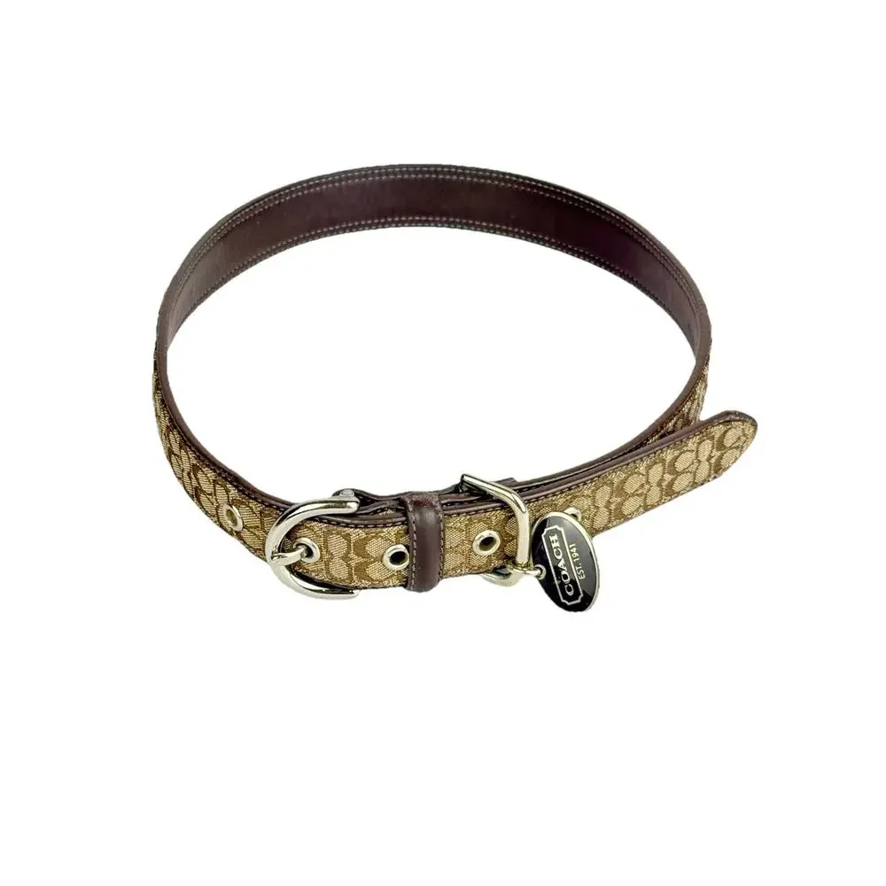 COACH Signature Khaki Mahogany EXTRA LARGE Dog Collar Engravable OVAL CHARM